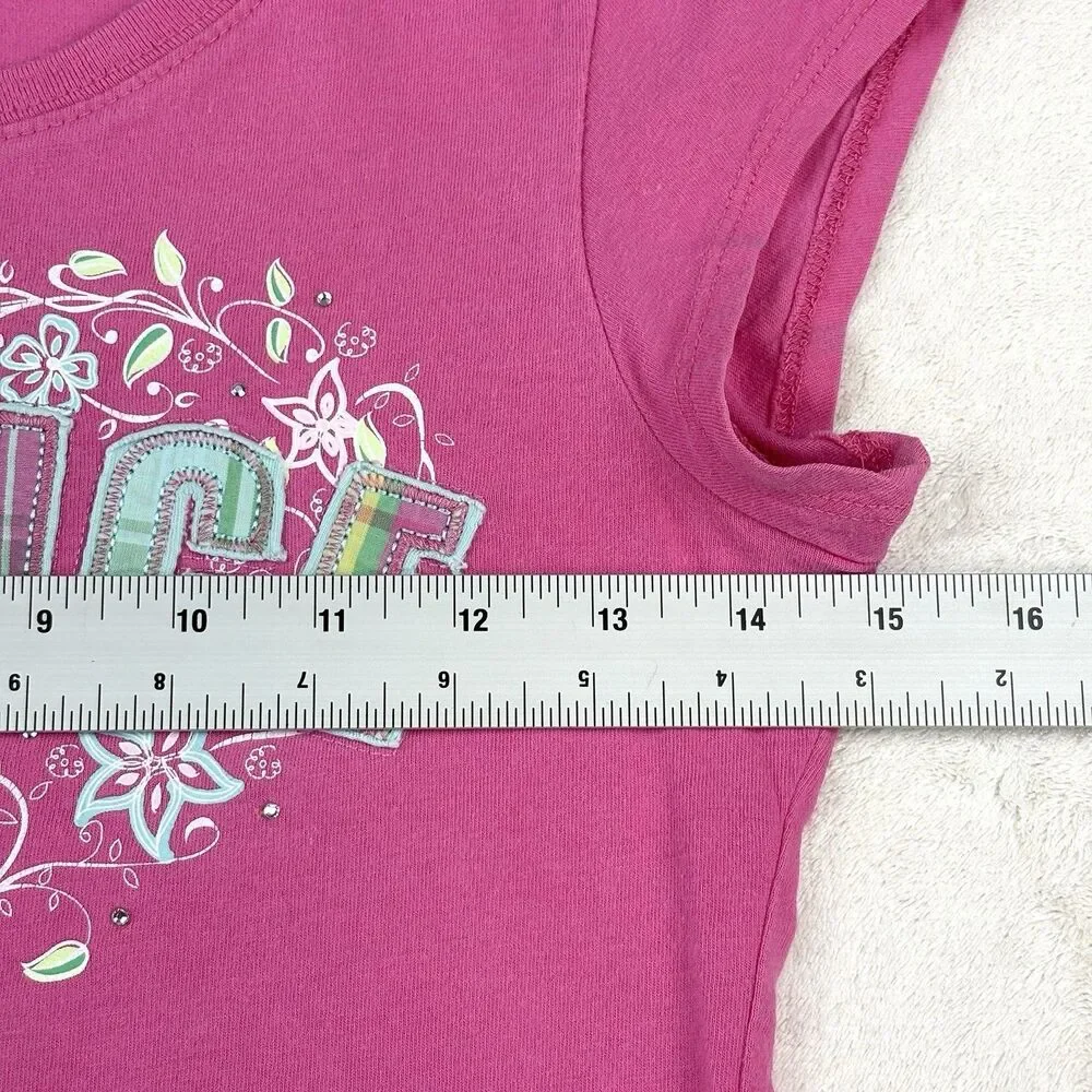 Vintage Y2K Justice Embellished Top Girls M Pink Big Spell Out Tee Rhinestones